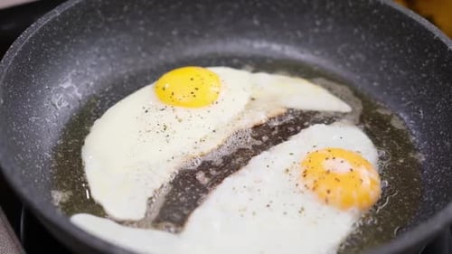 Close Up of Eggs Frying in Pan
