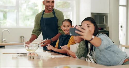Happy Family Baking in Kitchen Takes Selfie