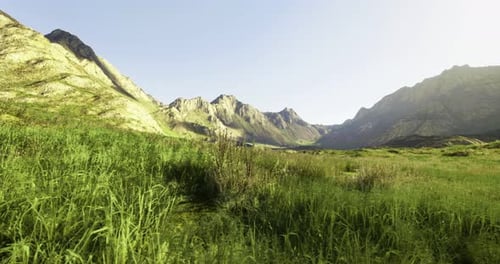 Stunning Mountain Landscape with Lush Green Grass and Clear Sky at Midday