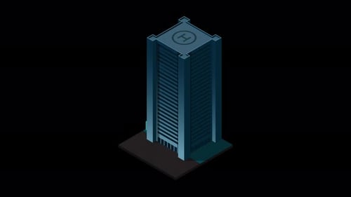 Isometric city building at night animation. Isometric modern building. Skyscraper building