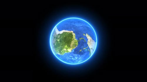 Leuchtender realistischer Erdplanet, der sich auf Wolken dreht, Globus, Weltraum mit Wissenschaft und Galaxie