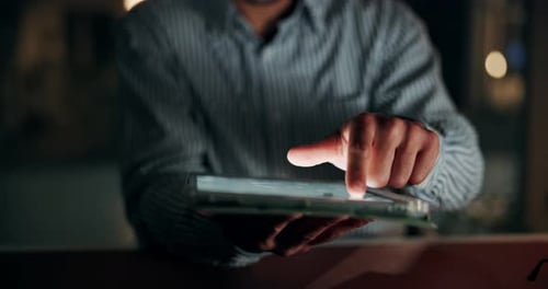 Hands, tablet and scroll at startup, night and review with feedback for story at media company