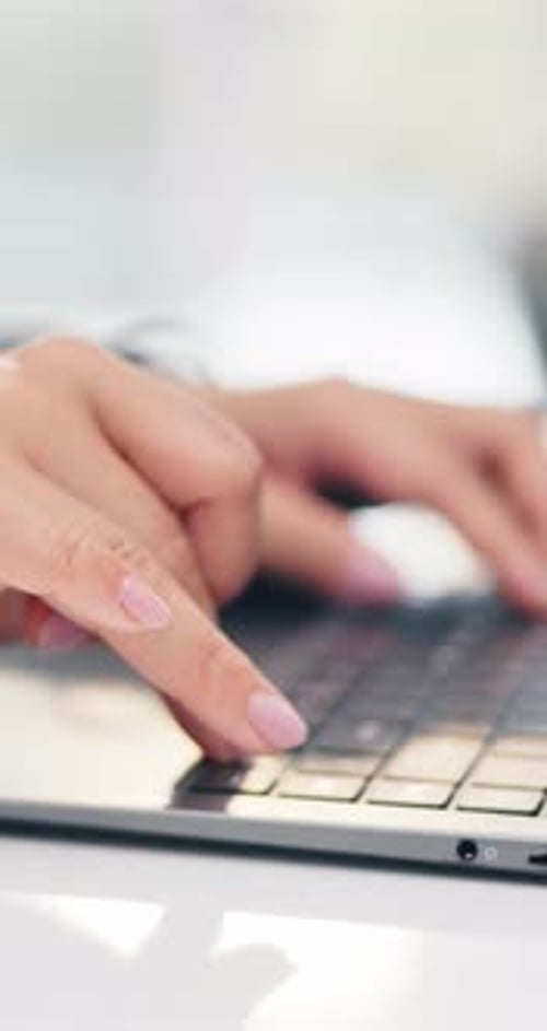 Business, employee and hands with laptop, data entry and typing of digital report or administration