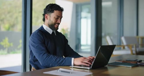 Typing, business and man in office with laptop, smile and reading email in board room