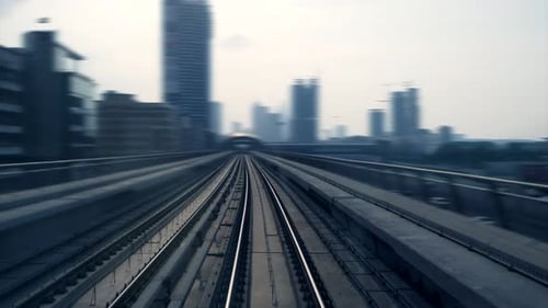 Railroad Track Train Onboard Time Lapse of Futuristic City View