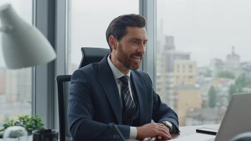 Director Communicating Video Chat on Laptop at Office Closeup