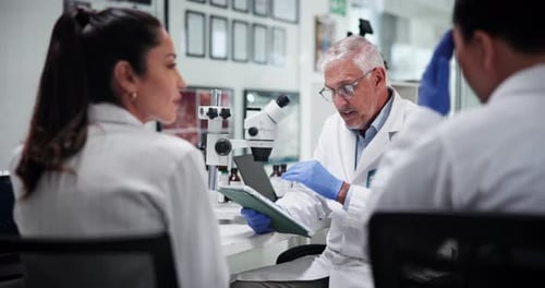 Breakthrough, science and tablet with people in laboratory together for collaboration or discussion