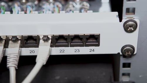 4K sliding view of patch panel with cables