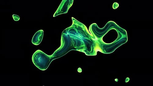 Abstract green liquid on isolated background. Flowing and connecting acid drops. 4k loop. Chemical