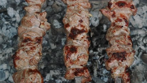Grilling Meat Bbq On Smoking Charcoal Outdoor. Close Up Meat Barbecue On Charcoal Grill. Cooking ...