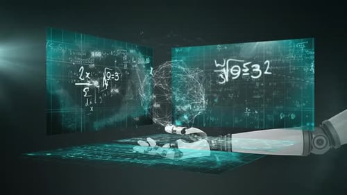 Globe of network of connections over robotic hand against screens with mathematical equations