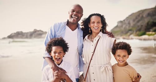 Portrait, happy family on beach together for holiday and bonding on tropical adventure on island