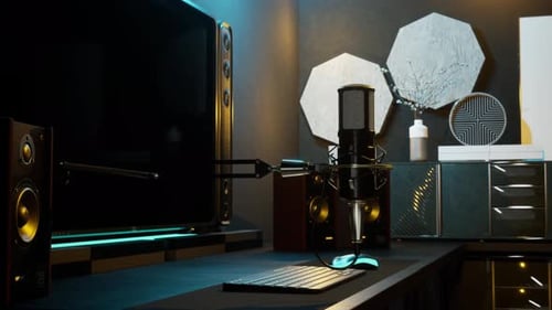 Animated 3D Podcast Recording Studio Desk with Camera Fly Through