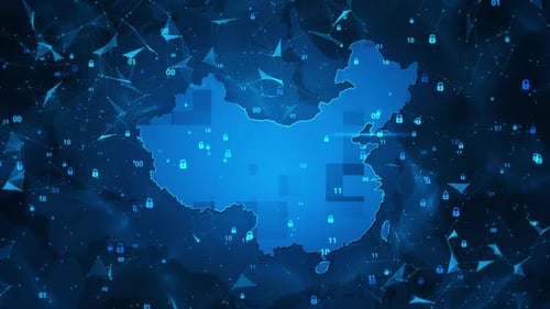 Carte de la Chine sur fond bleu foncé avec clé de sécurité de la technologie réseau numérique plexus