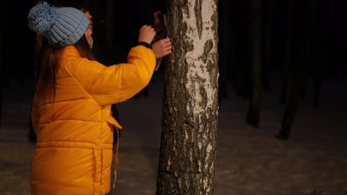 Side View Young Couple Hanging Lost Pet Announcement on Tree in Night Park on Winter