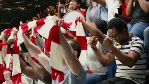 Soccer Supporters Celebrating Victory with Confetti and Cheering Crowd