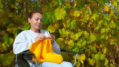 Woman Knitting Outdoors in Autumn