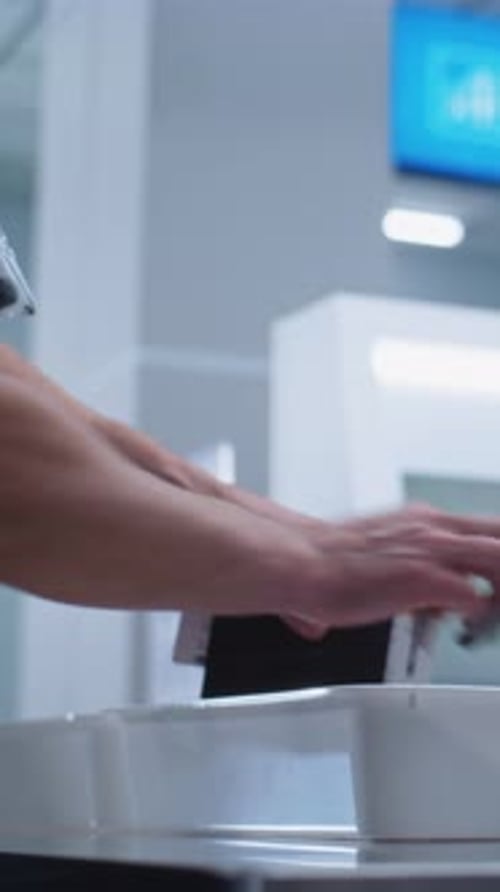 Hands Place Electronics in Airport Security Bin