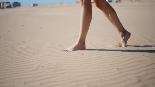Bare Feet Walking Sand Beach Closeup Unrecognizable Woman Stepping Seashore