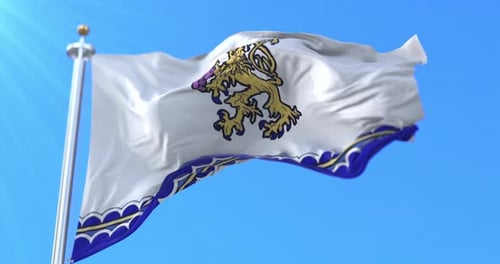Realistic Waving Flag with Heraldic Lion and Grapes Emblem