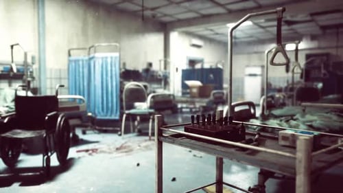 Deserted Hospital Space Filled with Abandoned Medical Instruments and Furniture