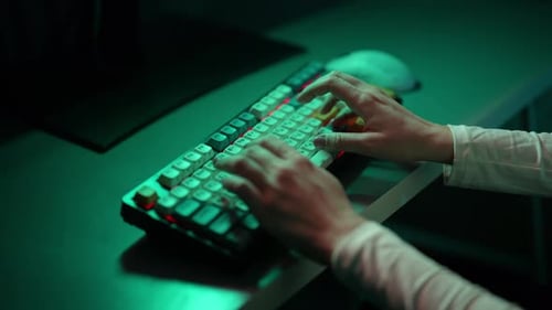 Highangle View of Unrecognizable Freelancer Female Typing on Wireless RGB Mechanical Keyboard with
