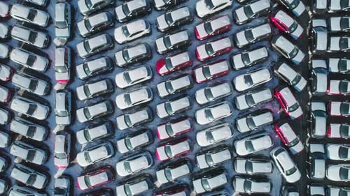 Aerial Top Down View of New Cars Parked in Car Parking Lot Car Dealer Parking Lot Full of New