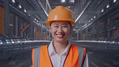 Close Up Of Asian Female Engineer Smiling To Camera With Metal Pipes