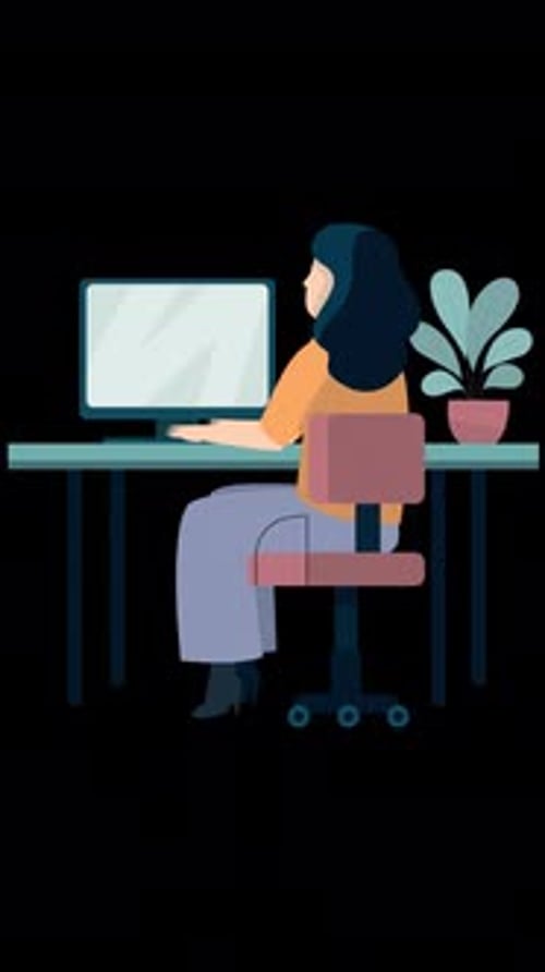 Businesswoman Sitting At Desk Working On Laptop Cartoon Animation On Vertical On Alpha Channel