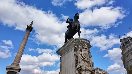 Close-up about the Nelson's column and Equestrian Statue of King Charles I in Trafalgar square, Lond
