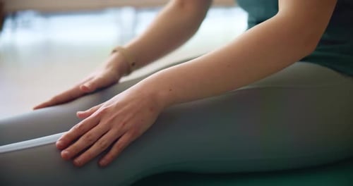 Hands, legs and stretching in living room for pilates, home workout and fitness on exercise mat