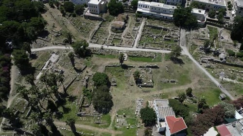 Vista aérea de las ruinas del antiguo Ágora, Kos, Grecia.