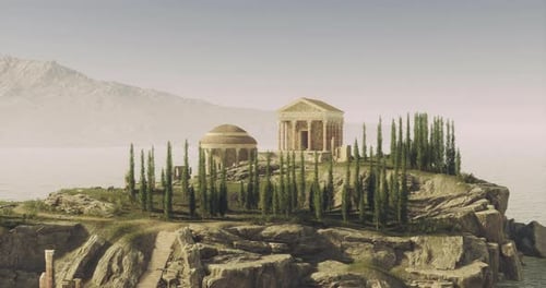 Ruines d'un temple historique surplombant une côte sereine au coucher du soleil