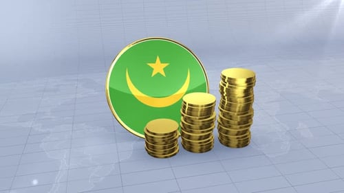 Mauritania Flag With Plain Gold Coins Tower