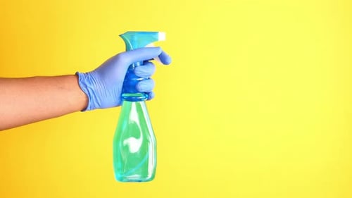 Gloved Hand Holding a Spray Bottle