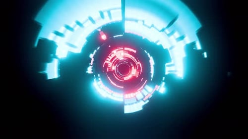 Zyanfarbener VJ-Loop-Animationshintergrund mit rotem Neonstahltunnel