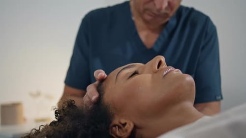 Closeup Patient Lying Physiotherapy in Hospital Ward Grey Hair Man Osteopath