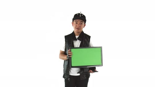 Teen Holding a Green Screen Computer Monitor