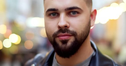 Close Up of Smiling Cheerful Young Male Face with Beard Portrait of Happy Joyful Handsome Man at
