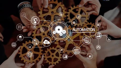 Hands Collaborating with Gears and Automation Icons Representing Technology, Innovation, and Industr