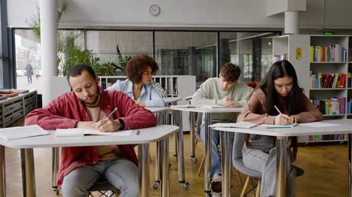 Young African American Female Student Writes Off a Test From a Classmate During a School Exam
