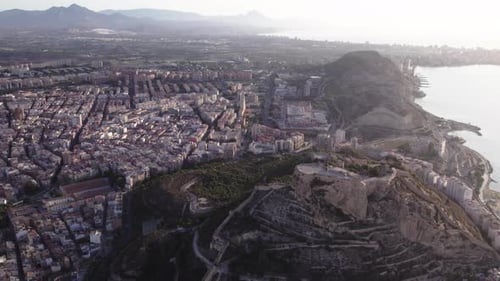 Aerial view of mountains, Alicante town and Santa Barbara Castle