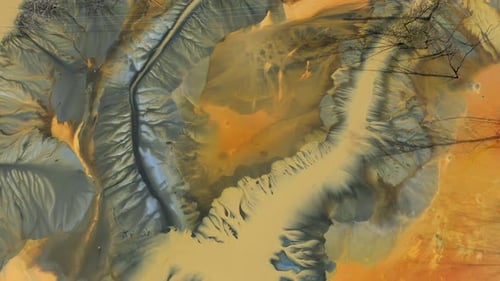 Flying over decanting lake. Colorful AMD acid mine drainage waters aerial view