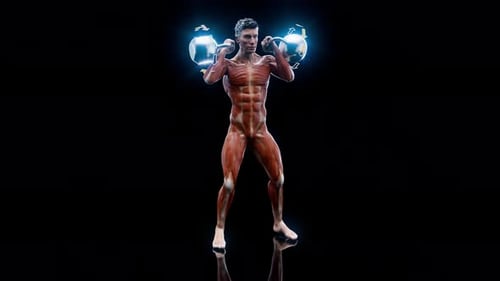 Animación 3D conceptual de un hombre haciendo sentadillas con pesas rusas