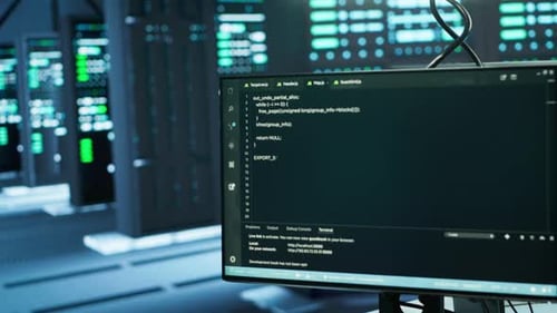 Close Up on Code Running on Computer Screens in Advanced Server Hub