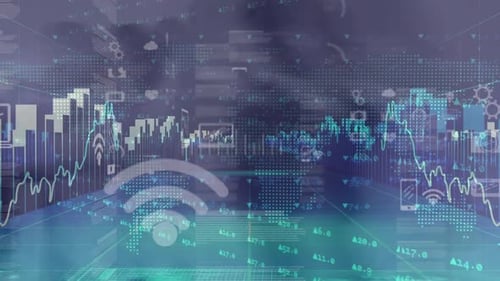 Digital composition of financial data processing against business people walking in background