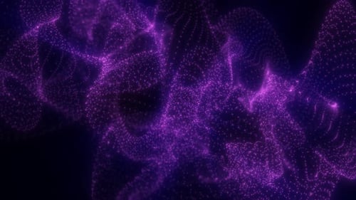 Vibrant purple particles form a dense mesh of light dots, floating through dark space