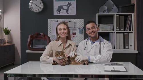 Portrait of Smiling Veterinarian and Pet Owner with Cat in Clinic
