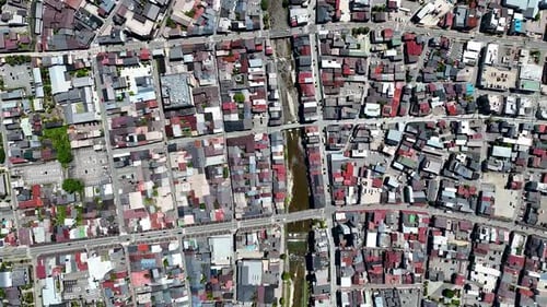 Aerial view of buildings and river, Japan.