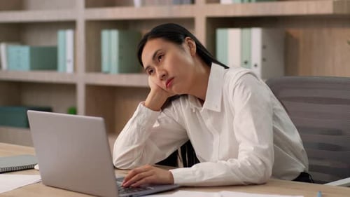 Bored Tired Exhausted Asian Korean Business Woman Female Worker Entrepreneur Japanese Chinese